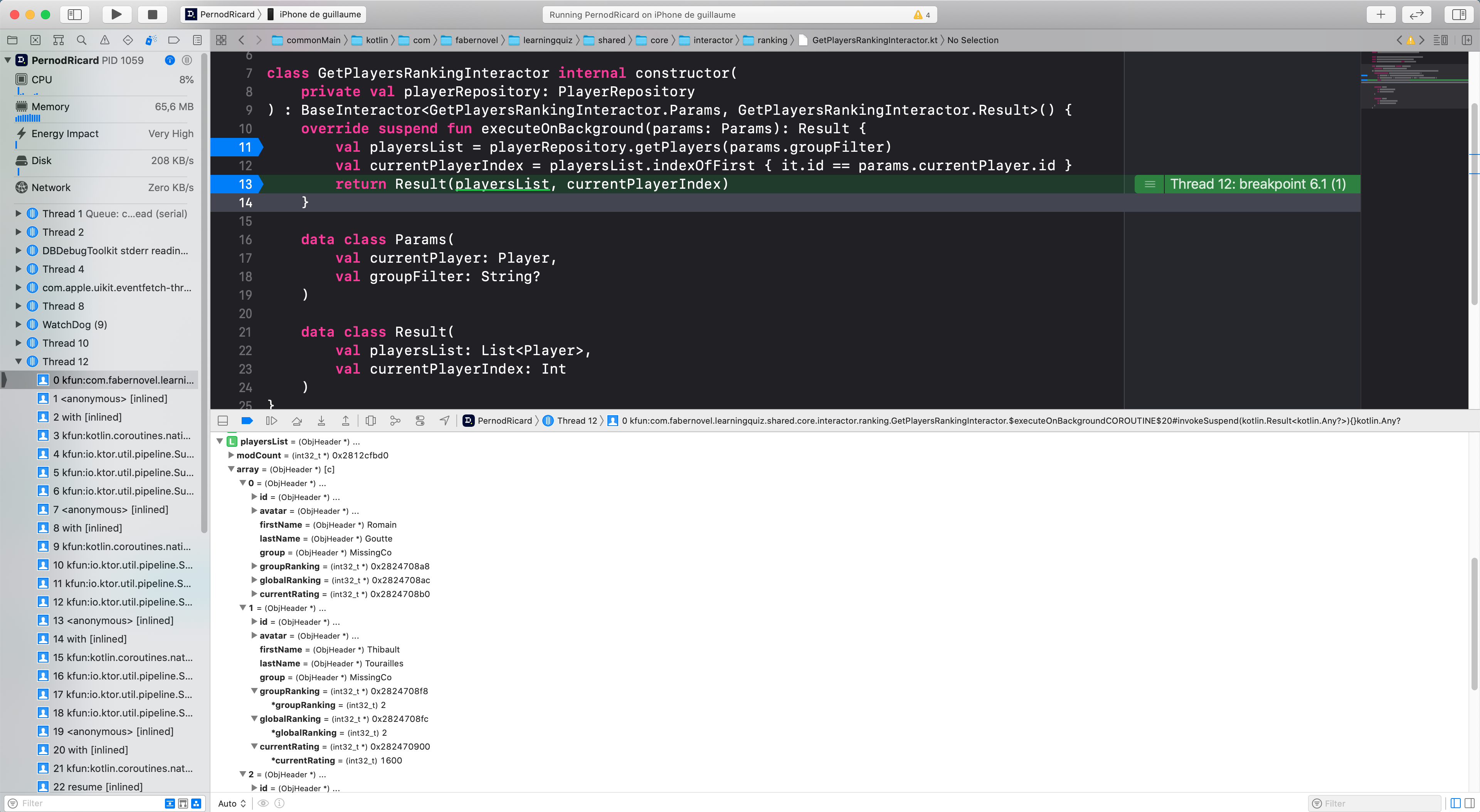 Xcode screenshot of how debugging kotlin file looks like